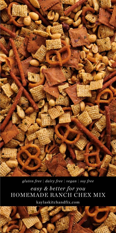 This Gluten Free Vegan Ranch Chex Mix is made using a few better for you swaps but tastes just as good as the real thing, if not better. It can be made in a slow cooker or in the oven and either way, it's super simple and so delicious! Vegan Chex Mix Recipe, Gluten Free Chex Mix Recipes, Ranch Chex Mix Recipes, Gluten Free Snack Mix, Soy Free Snacks, Ranch Chex, Ranch Chex Mix, Homemade Chex Mix, Chex Mix Recipes