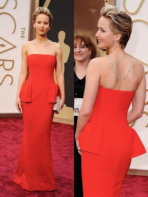 Jennifer Lawrence Oscars, Jennifer Lawrence Oscar, Oscars 2014, 2010s Nostalgia, Jennifer Lawrence, Dress Red, Lady In Red, Strapless Dress Formal, Peplum Dress