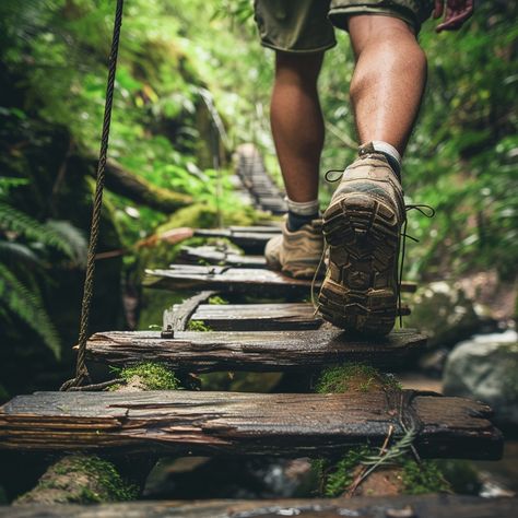 "Hiking Trail Adventure: A hiker takes a step on a rustic wooden bridge surrounded by verdant forest undergrowth. #outdoors #exploration #wanderlust #greenery #landscape #aiart #aiphoto #stockcake ⬇️ Download and 📝 Prompt 👉 https://stockcake.com/i/hiking-trail-adventure_331617_310566" Forest Undergrowth, Greenery Landscape, Hiking Poses, Ocean Illustration, Photography Assignments, Hiking Photography, Light Cyan, Wooden Bridge, Ig Feed