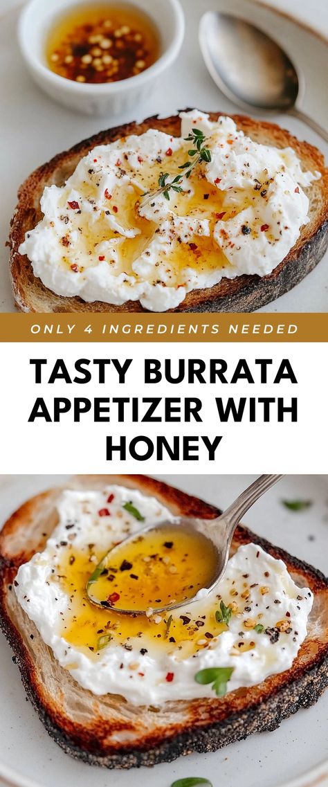 Image for Tasty Burrata Appetizer with Honey Burrata Appetizer Recipes, Buratta Cheese Appetizers, Food To Impress Guests, Fancy Snacks Appetizers, Burrata Appetizer Simple, Recipes Using Burrata Cheese, Baked Burrata Appetizer, Hot Honey Appetizers, Burrata Recipe Appetizers