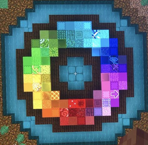 Rainbow circle Circle Template Minecraft, Minecraft Circle Design, Minecraft Circle Window Design, Minecraft Circle Floor Pattern, Minecraft Banner Rainbow, Circle Base Minecraft, Minecraft Color Gradient, Circle Window Minecraft, Minecraft Rainbow House