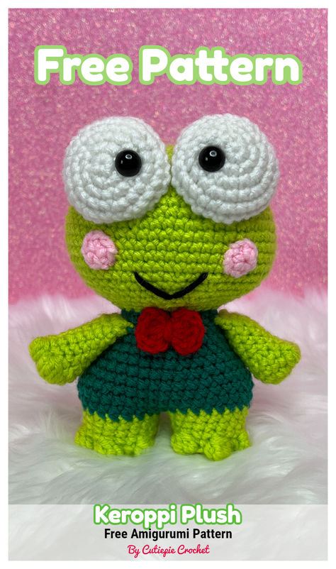 Learn how to make your very own Keroppi plush with this free and easy amigurumi crochet pattern! Crochet Amigurumi Plushies Free Pattern, Keroppi Crochet Pattern Free, Free Sanrio Crochet Patterns, Keroppi Crochet Pattern, Kerropi Plush, Hello Kitty Pattern Crochet, Amigurumi Easy Free Pattern, Amiguri Crochet Free Pattern Easy, Crochet Keroppi