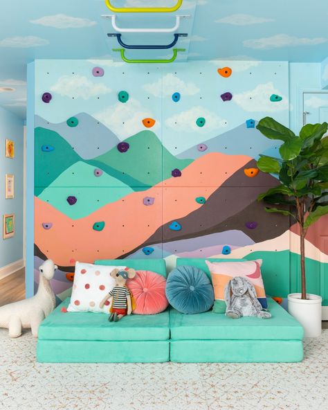 Majestic Mountains — grOH! Playrooms Montessori Sensory Room, Mountain Playroom, Playroom Rock Climbing Wall, Preschool Murals Wall Ideas, Groh! Playrooms, Playroom Murals, Kids Mural, Playroom Wall Mural, Playroom Mural Ideas