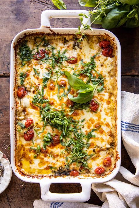 Easiest One Pan Caprese Pesto Orzo Bake | halfbakedharvest.com Easy One Pan Vegetarian Meals, One Pan Spinach And Artichoke Orzo Bake Half Baked Harvest, One Pan Spinach And Artichoke Orzo Bake, Healthy Italian Meals, Orzo Lasagna, Mediterranean Casserole, Caprese Orzo, Orzo Pesto, Orzo Bake