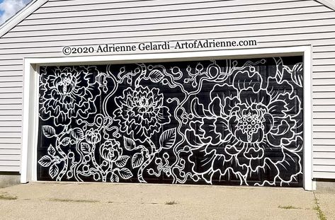 Black Peony Garage by Adrienne Gelardi Garage Door Murals, Garage Door Mural, Rainbow Door, Interior Murals, Door Mural, Columbine Flower, Flower Mural, Door Wreaths Diy, Door Murals