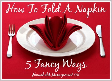 How to fold a napkin 5 fancy ways, with video instructions, for a beautiful holiday table for either Thanksgiving or Christmas {on Household Management 101} #NapkinFold #NapkinFolding #HolidayTableDecor Knives Aesthetic, Fold A Napkin, Knives Chau, Beautiful Napkin Folding, Fancy Napkin Folding, Creative Napkins, Christmas Tree Napkins, Dining Etiquette, Household Management