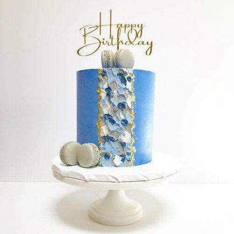 Blue Buttercream Cake, Grey Macarons, Blue Birthday Cake, Textured Buttercream, Cake Design For Men, Modern Birthday Cakes, Macaroon Cake, Blue Birthday Cakes, Buttercream Cake Designs