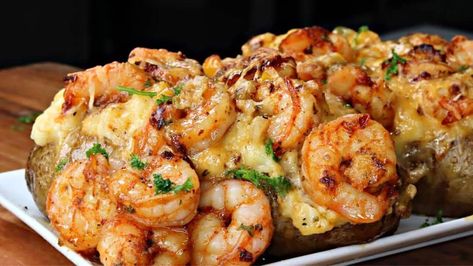 Loaded Shrimp And Broccoli Baked Potato, Stuff Potatoes Recipes Shrimp, Bake Shrimp Recipes, Cajun Shrimp Loaded Baked Potato, Loaded Baked Potato Steak And Shrimp, Loaded Baked Potato With Shrimp, Salmon Baked Potato, Shrimp Potato Salad, Baked Potatoes Recipes Stuffed