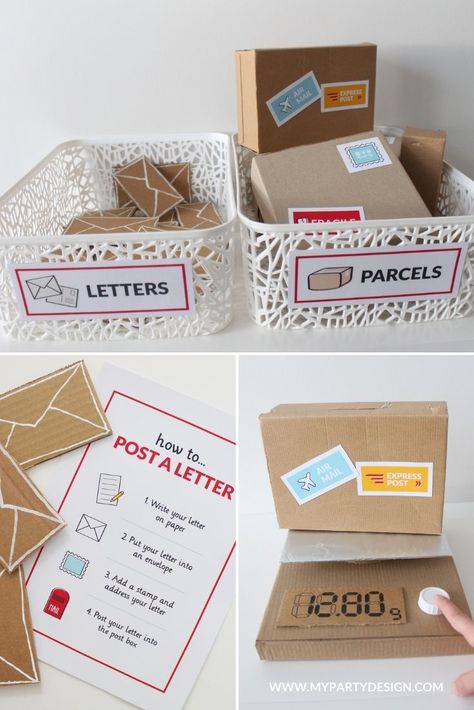 Cardboard Post Office, Post Office Dramatic Play Set Up, Diy Post Office Dramatic Play, Classroom Post Office Dramatic Play, Role Play Post Office, Roleplay Activities For Preschool, Kindergarten Post Office Dramatic Play, Postal Office Dramatic Play, Dramatic Play Mail Center Preschool