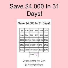 Simple and easy to use $4,000 Money Saving Challenge Printable in 31 days. A savings tracker that will help you save $4,000 in 31 days! This useful finance printable will help you to gradually increase your savings over a 31 days period (1 Month). Use this tracker to help you save $4,000 in 31 Days! Saving $4,000 may sound like a lot, especially if you are not used to saving money but it helps in the long run. The 31-Day Savings Challenge helps you to gradually save up the money to reach your go Saving Money Plan Monthly, How To Save Money Monthly, Saving Money Tips Biweekly, 10k In 3 Months, Daily Savings Challenge, Save Money Challenge, Weekly Savings Plan, Money Saving Tracker, Savings Challenge Monthly