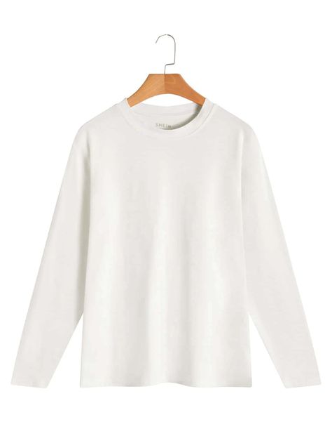 White Casual  Long Sleeve Cotton Plain   Slight Stretch Spring/Fall Women Tops, Blouses & Tee Sleeves For Women, Round Neck Tees, Women T Shirts, Full Sleeves, White Casual, Women Tops, White T Shirt, White Tshirt, Full Sleeve