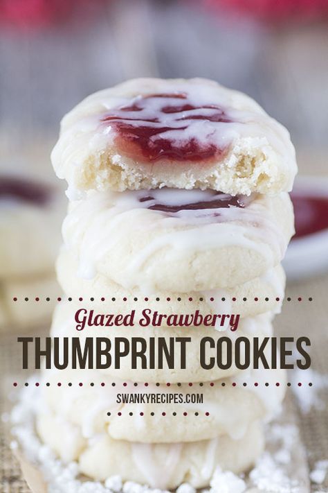 Glazed Strawberry Thumbprint Cookies with a buttery vanilla and almond flavored shortbread cookies filled with strawberry jam and drizzled with icing. Desserts Superbowl, Strawberry Thumbprint Cookies, Cookies Thumbprint, Cookies With Jam, Cookie Recipes From Scratch, Thumbprint Cookies Recipe, Cookie Recipes Unique, Healthy Cookie Recipes, Snickerdoodle Cookie Recipes