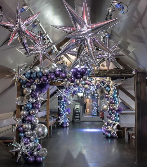 Outer Space Hoco Theme, Galaxy Themed Event, Christmas Space Theme, Space Theme Dance Decorations, Outer Space Homecoming Theme, Space Hoco Theme, Outer Space Prom Theme, Galaxy Balloon Decor, Diy Futuristic Decor