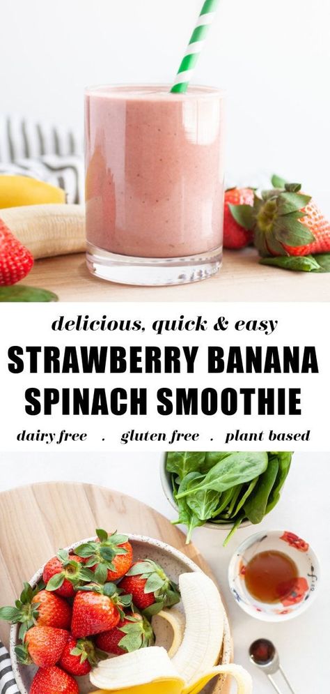 Learn how to make the best healthy and easy strawberry banana smoothie with spinach! This green twist on a strawberry and banana smoothie is dairy free, gluten free, and packed with protein! Smoothie With Spinach, Banana Spinach Smoothie, Spinach Smoothie Recipes, Kale Smoothie, Healthy Strawberry, Strawberry Banana Smoothie, Spinach Smoothie, Easy Strawberry, Strawberry Smoothie