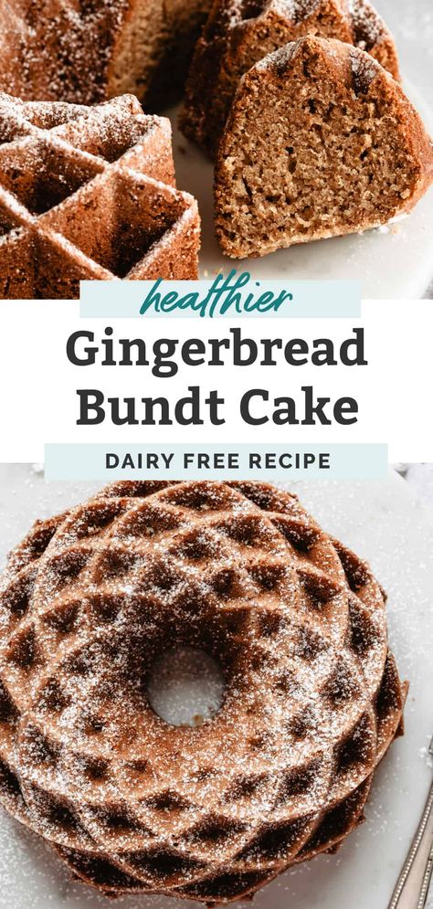 Everyone needs Gingerbread Bundt Cake for the holidays! This easy, moist cake is a healthier take on a bundt cake recipe, using whole grain flour (gluten-free friendly!), some applesauce, molasses, brown sugar and lots of gingerbread spices. Whether you make this for Christmas, the New Year or just because, everyone will love this cake! #gingerbread #cake #recipe #bundt Gluten Free Gingerbread Cake, Gingerbread Bundt Cake, Gingerbread Recipes, Oat Flour Recipes, Gingerbread Cake Recipe, Gluten Free Gingerbread, Cake Rolls, Bundt Cake Recipe, Whole Grain Flour