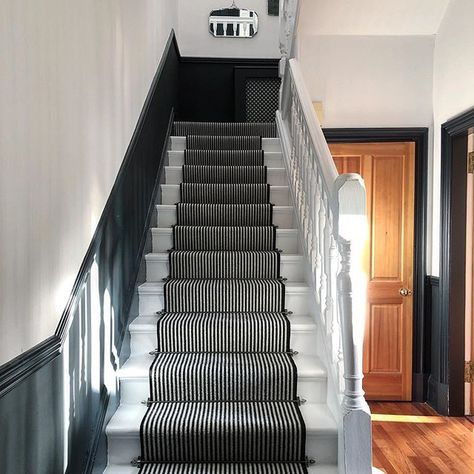 Renovation tour - a stunning seaside Victorian renovation — Love Renovate Black And White Stairs, Striped Stair Runner, Carpet Staircase, White Staircase, Victorian Renovation, Hallway Colours, Hallway Inspiration, Staircase Makeover, Hallway Designs