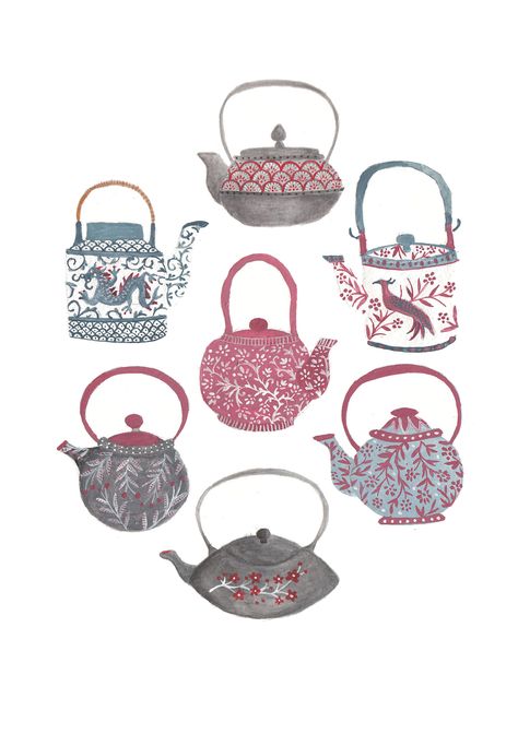 Tea Pot Illustration, Teapot Collection, Tea Illustration, Chinese Illustration, Chinese Pattern, Japanese Teapot, Tea Design, Bar Art, Anime Artwork Wallpaper