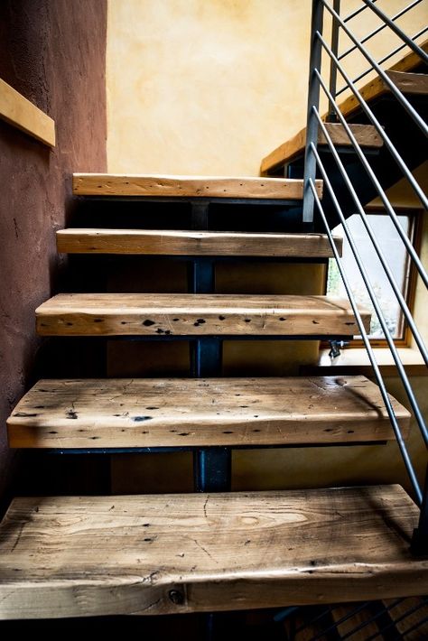 Barn Wood Stairs, Barn Wood Flooring, Industrial Staircase, Wood Stair Treads, Rustic Staircase, Staircase Styles, Reclaimed Wood Flooring, Threshing Floor, Industrial Stairs