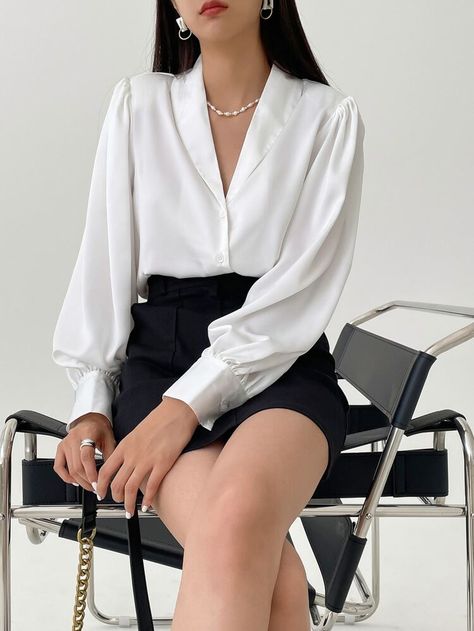 Dazy-Less Solid Shawl Collar Bishop Sleeve Shirt | SHEIN USA Bishop Sleeve Shirt, Collar Shirts Women, Bishop Sleeve Blouse, Ageless Style, Bishop Sleeve, Women Blouses, Collar Blouse, Collar Shirt, Shawl Collar