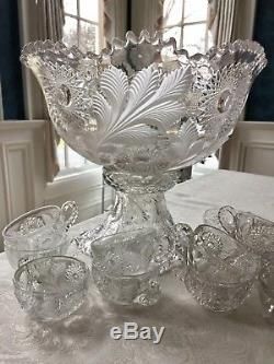 Millersburg Frosted Hobstar and Feather Punch Bowl Set, Bowl + Base + 12 Cups Crystal Punch Bowl, Antique Punch Bowls, Vintage Punch Bowl Set, Crystal Glassware Antiques, Cut Crystal Bowl, Stainless Steel Silverware, Punch Bowl Set, American Pattern, Punch Bowls