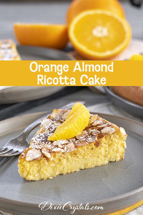 Orange Ricotta Cake, Almond Ricotta Cake, Holiday Themed Desserts, Orange Ricotta, Ricotta Cake Recipes, Almond Ricotta, Different Kinds Of Cakes, Baked Cakes, Ricotta Cheesecake