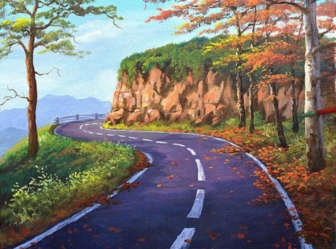 Landscape Painting Ideas, Road Painting, Landscape Painting Tutorial, Mountain Landscape Painting, Winter Landscape Painting, Waterfall Landscape, Landscape Paintings Acrylic, Night Landscape, Sky Painting