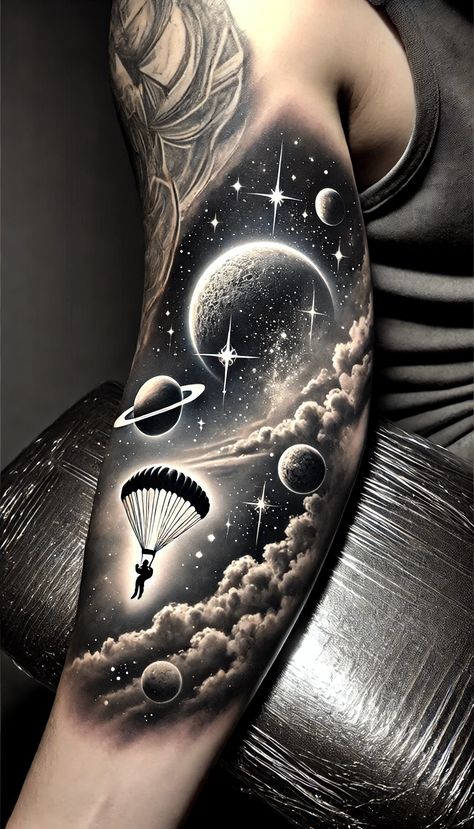 Black And White Space Tattoo, Space Tattoos Men, Milkyway Tattoos, Sky Diving Tattoo, Starry Sky Tattoo, Alien Spaceship Tattoo, Background Tattoo Ideas, Space Themed Tattoos, Spaceman Tattoo