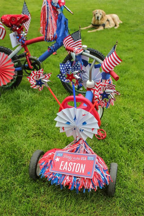 Decorate Your Bike For A Parade, 4th Of July Bike Decorations, Kids Bike Decorating, Bike Decorating Ideas, Patriotic Printables, Bike Parade, 4th Of July Photography, Bike Decor, Bike Decorations