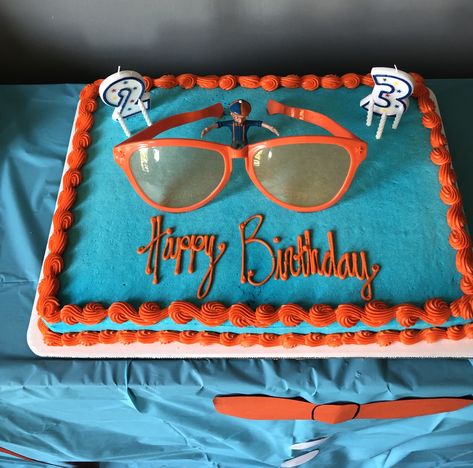 Grocery store 1/2 sheet cake. Blippi figure found on EBay. Glasses from party store. Blippi Cake Design, Blippi Sheet Cake, Blippi Birthday Cake, Toddler Birthday Cakes, Diy Birthday Cake, Birthday Sheet Cakes, Toddler Birthday Party, 2 Birthday Cake, Boy Birthday Party Themes