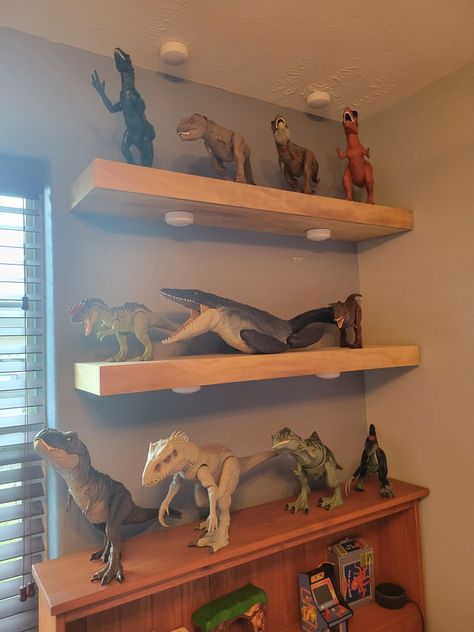 Floating Shelves Shelves For Dinosaurs, Toy Dinosaur Display, Toy Dinosaur Storage, Dinosaur Shelf Display, Playroom Display Shelves, Large Dinosaur Toy Storage, Dinosaur Collection Display, Dinosaur Toy Display, Dinosaur Organization Ideas