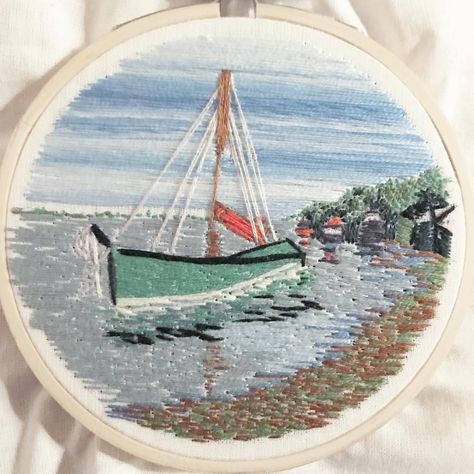 Lauren: Little Leigh Stitchery в Instagram: «When you run out of thread two stitches away from finishing the whole damn thing. The finally almost completed Endeavour - one of the…» Boat Landscape, Monogram Cross Stitch, Stitching Ideas, Dmc Embroidery, Floral Embroidery Patterns, Contemporary Embroidery, Dmc Embroidery Floss, Elegant Embroidery, Embroidery Works