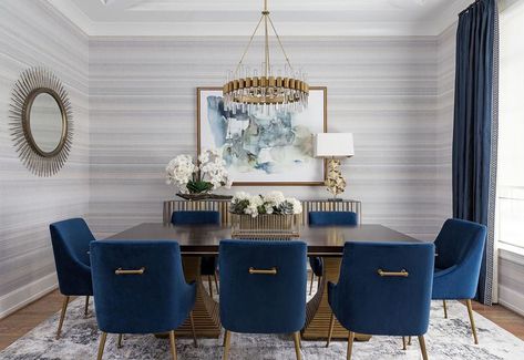 Dining Room Design Blue, Grey Paint Living Room, Trendy Dining Room, Blue Chairs, Transitional Dining Room, Dining Room Blue, Grey Dining Room, Blue Chairs Living Room, Dining Room Wall Decor