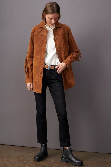 Suede Fringe Jacket Outfit, Suede Shirt Outfit, Fringe Jacket Outfit, Suede Jacket Outfit, Camel Shirt, Camel Outfit, Anthropologie Uk, Suede Fringe Jacket, Winter Boho