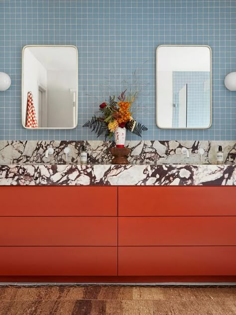 Garza Interiors, Plants That Repel Cats, Beautiful Bathroom Ideas, Colorful Terrazzo, Coloured Grout, 1960s Home, Orange Bathrooms, Cabinet Paint Colors, Bathroom Red