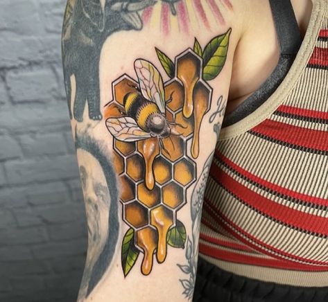 Knees Tattoo, Honeycomb Tattoo, World Bee Day, Tattoo Apprenticeship, Insect Tattoo, Sweet As Honey, Bee Day, Sweet Tattoos, Creepy Tattoos