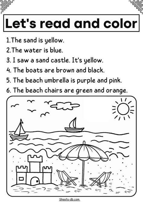 Colouring Worksheets For Grade 1, Read And Color Worksheets 1st Grade, Grade R Worksheets Free Printable, Colouring Worksheets For Kindergarten, Colours Worksheet For Kids, Colouring Worksheet, English Comprehension, Read And Color, General Studies