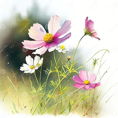 Watercolor Cosmos Flowers in the Field Stock Illustration - Illustration of flowers, drawn: 265242318 Cosmo Painting, Watercolor Cosmos, How To Paint Cosmos, Cosmos Painting Flower, Cosmos Flowers Painting, How To Paint Cosmos Flowers, Cosmos Flower Illustration, Watercolour Cosmos Flower, Cosmos Botanical Illustration