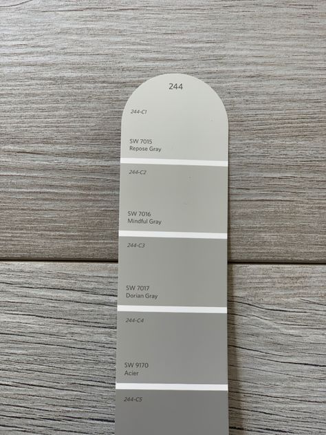 Mindful Grey Color Palette, Blue Gray Shiplap Wall, Mindful Gray Color Palette, Mindful Grey Paint, Dorian Grey Exterior House, Repose Gray Color Palette, Light Gray Paint Swatches, Sherwin Williams Mindful Gray Palette, Sw Amazing Gray Coordinating Colors