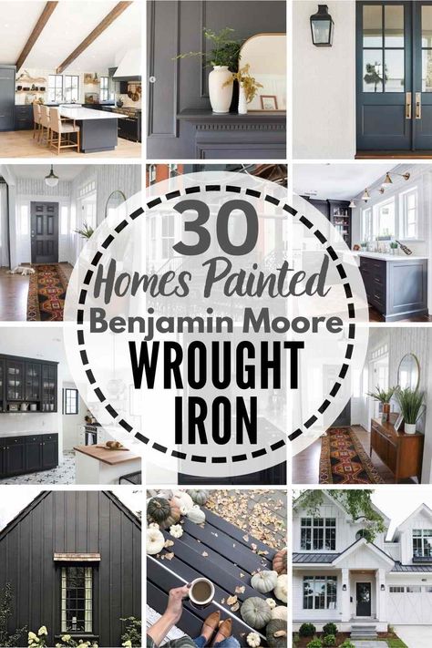 30 Homes and Spaces Painted Benjamin Moore Wrought Iron - see it in real homes to help you decide if it's the right paint shade for your own home! Benjamin Moore Wrought Iron, Wrought Iron Paint, Benjamin Moore Exterior, Wrought Iron Front Door, Iron Front Door, Wrought Iron Doors, Real Homes, Painted Front Doors, Space Painting