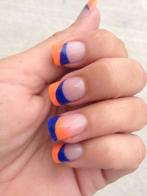 Denver Broncos! Okc Thunder Nails, Mets Nails, Denver Broncos Nails Designs, Uf Gator Nails, Boise State Nails, Chicago Bears Nails Art, Astros Nail Designs, Astros Nails, Orange And Blue Nails Design