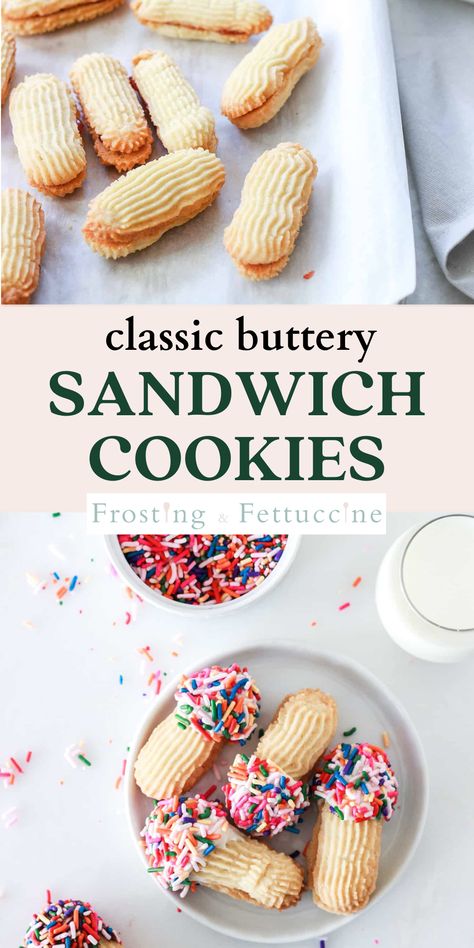 This easy sandwich cookie recipe with sprinkles is a fun party dessert for birthdays or any occasion! You'll love these melt-in-your-mouth, jam filled butter cookies. Holiday Sandwich Cookies, Cookies With Jelly In The Middle, Jelly Filled Cookies, Butter Cookies With Sprinkles, Cookies With Jelly, Jelly Sandwich Cookies, Butter Sandwich Cookies, Easy Sandwich, Cookie Sandwich Recipes