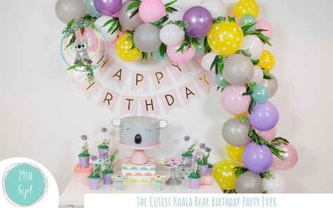 The Cutest Koala Bear Birthday Party Ever! | Fern and Maple Izzy's Koala World Party, Koala Themed Birthday Party, Koala Party Decorations, Koala Birthday Party Ideas, Koala Birthday Party, Koala Party, Koala Birthday, Pink Cake Stand, Cute Koala Bear