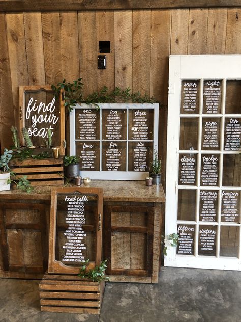 Rustic Chic Wedding Seating Chart, Table List Wedding Seating Charts Old Windows, Antique Windows Wedding Decor, Windows Wedding Decor, Rustic Window Seating Chart, Assigned Seats Wedding, Wedding Windows Ideas, Rustic Table Seating Chart, Window Frame Seating Chart