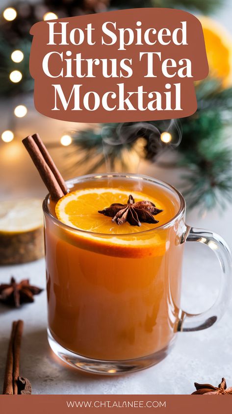 "Warm up your winter with this delightful Hot Spiced Citrus Tea Mocktail Recipe! Perfect for cozy evenings, this non-alcoholic beverage combines zesty citrus flavors with aromatic spices, making it a standout among mocktail recipes. Enjoy this refreshing and festive drink as part of your winter drinks collection. Discover more citrus tea recipes that will keep you cozy all season long!" Winter Solstice Drinks, Mocktail Recipe Winter, Citrus Tea Recipe, Winter Mocktails Non Alcoholic, Hot Drinks For Winter, Citrus Mocktail, Russian Tea Recipe, Hot Christmas Drinks, Tea Mocktail