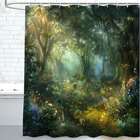 PRICES MAY VARY. High-Quality Polyester Material: Our Enchanted Forest shower curtain is made of high-quality polyester material, which is soft and comfortable, durable and easy to clean, ensuring long-term use without losing appearance. Various usage scenarios: Whether it is a home bathroom, a hotel room, a dormitory or a public bathhouse, our Enchanted Forest shower curtains can perfectly adapt to various environments and bring users a comfortable bathing experience. Fashionable design: The un Enchanted Forest Palette, Forest Bathroom Ideas, Enchanted Forest Bathroom, Forest Room Decor, Forest Bathroom, Forest Shower Curtain, Witchy Cottage, Forest Room, Mystical Forest