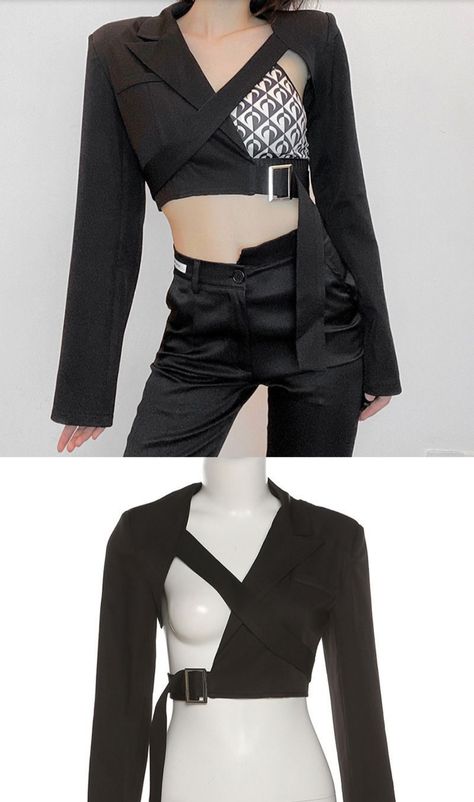 Asymmetrical Outfits, Onlyoneof Concert, Asymmetrical Top Outfit, Scream Outfits, Cut Blazer, Concert Fit, Half Jacket, 90s Runway Fashion, Fashion Design Patterns