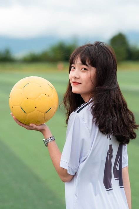 Woman Wearing White Shirt Holding Yellow Soccer Ball · Free Stock Photo Girl Football Player, Soccer Poses, Soccer Moms, Soccer Goal, Fantasy Hair, Girls Soccer, Fantasy Sports, Good Poses, Soccer Mom