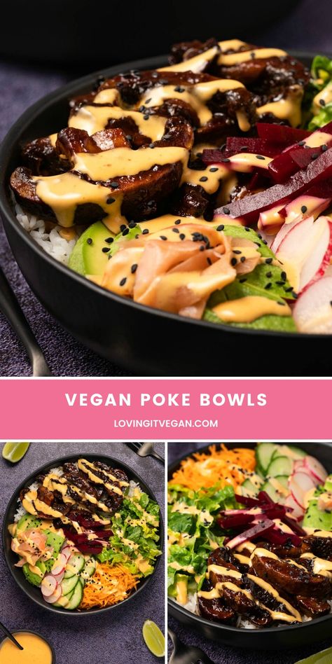 Mushroom Poke Bowl, Poke Bowl Vegetarian, Vegetarian Poke Bowl, Vegan Poke Bowl, Vegan Poke, Monday Recipes, Mayo Dressing, Cooking Basmati Rice, Poke Bowls