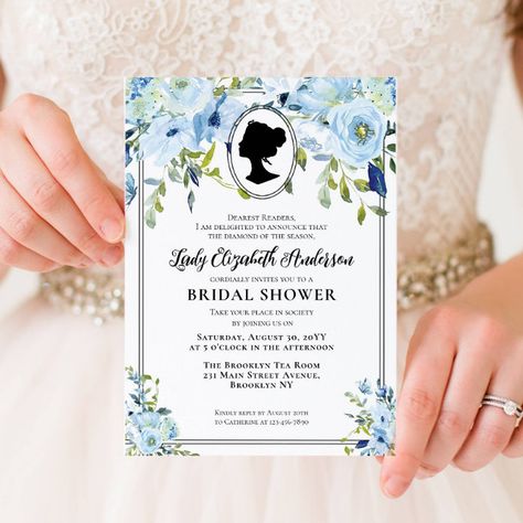 Bridgerton Bridal Shower Ideas, Bridgerton Theme, Bridal Shower Floral, Tea Bridal Shower Invitations, Afternoon Tea Party, Bridal Tea, Bridal Shower Tea, Blue Florals, Floral Bridal Shower Invitations