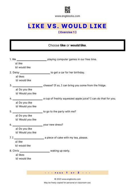 #wouldlike #wouldlikeworksheet #likevswouldlike  #english #englishgrammar #esl #eslworksheet #engblocks #eslwebsite English Grammar Exercises, Play Computer Games, 19 Days Manga Español, Grammar Exercises, English Grammar Worksheets, Teacher Boards, English Lessons For Kids, Grammar Worksheets, Esl Worksheets